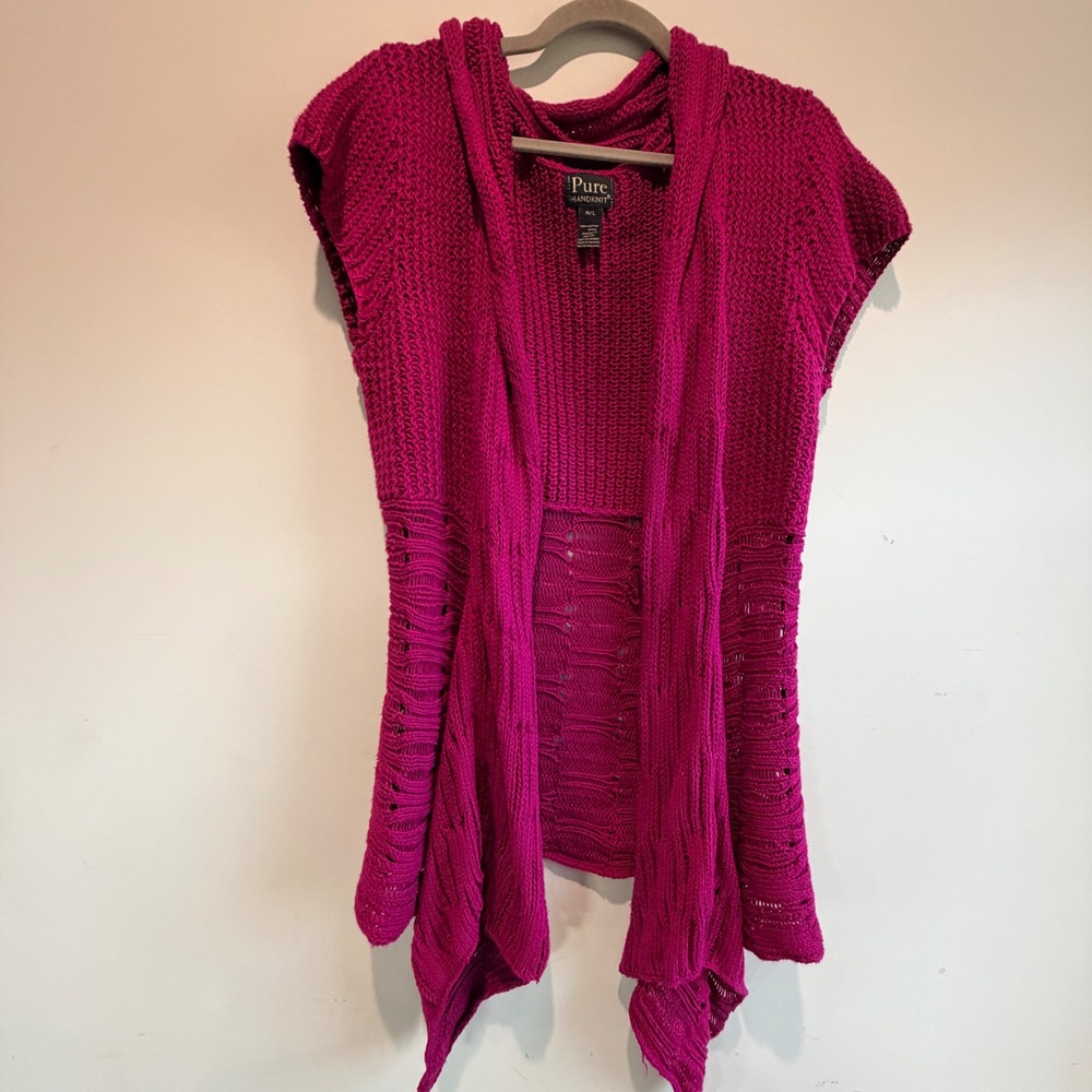 Pure Handknit Open Front Cardigan Vest Women M L Magenta Pink Cotton Fall